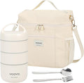 Voova Stackable Stainless Steel Thermal Lunch Box with Lunch Bag and Cultery Set for Adult Women Men, 3 Tier Leakproof & Microwave Safe Insulated Bento Boxes Food Container for Work, Beige