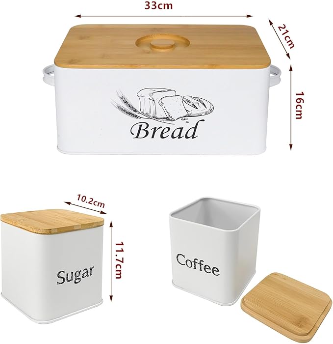 SOTECH Bread Box with 3pcs Jars Coffee Sugar Tea for Kitchen Countertop White Metal Bread Box with Bamboo Board Cover Pastry Storage Container Set Kitchen decor (White Box and Jars)