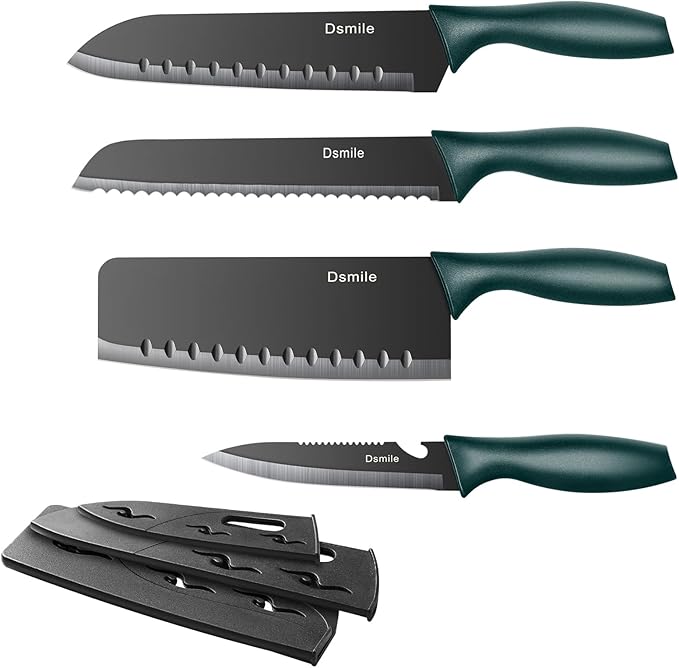 Dsmile 4 PCS Kitchen Knife Set,Black Stainless Steel Knives with Knife Covers,Non-Stick Coated Stainless Steel Blades for Cutting,Slicing & Dicing