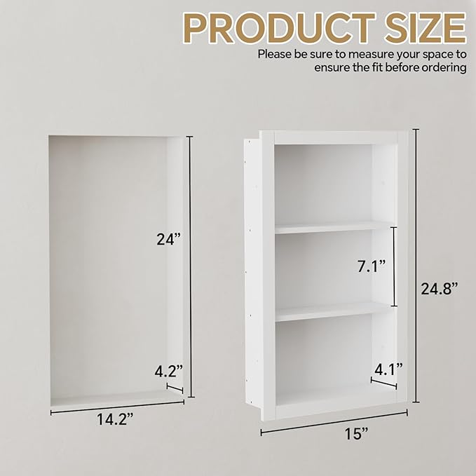 14'' * 24'' Recessed Medicine Cabinet Wall Niche Wood, 3-Tier Bathroom Niche Insert for Drywall, in Wall Shelf Medicine Cabinets Replacement, for Living Room, Bathroom Storage, White