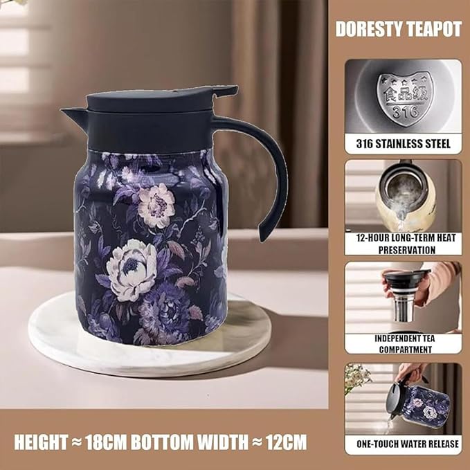 Vintage Floral Pattern Teapot – Built-In Infuser, 800ML/1000ML Heatproof Stainless Steel Teapot with Lid for Hot Drinks (Red, 800ml-Plastic handle)