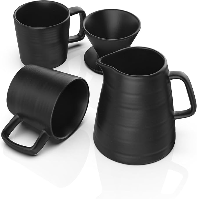 Francois et Mimi Pour Over Drip Coffee Maker Gift Set with Two Coffee Mugs, Non-Electric Pour Over Coffee Dripper, Easy Manual Brew Maker, Dishwasher and Microwave Safe, Filters not included (Black)