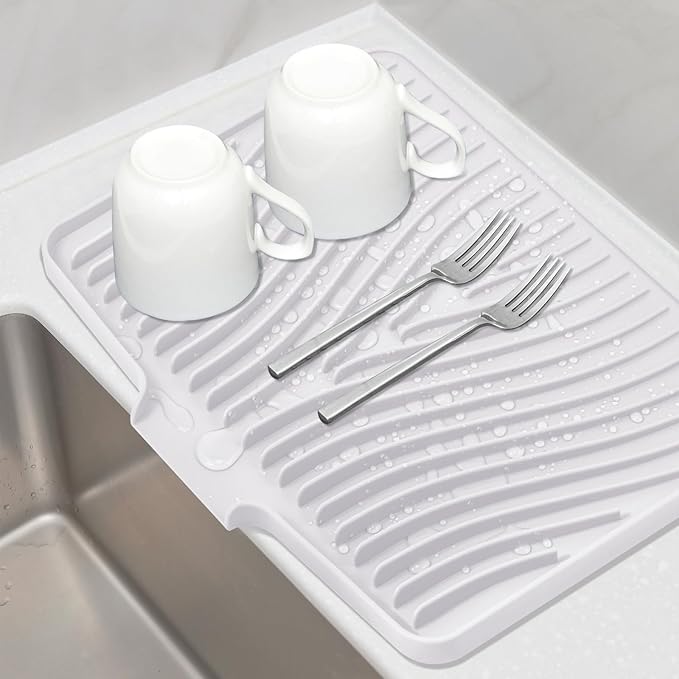 Silicone Dish Drying Mat, Stone Drying Mat for Kitchen Counter with Built-In Drain, Non-Slip Drying Matt Kitchen Counter, Heat Resistant Dish Drying Pad, 1 Pc (19.7" x 17",Ivory)