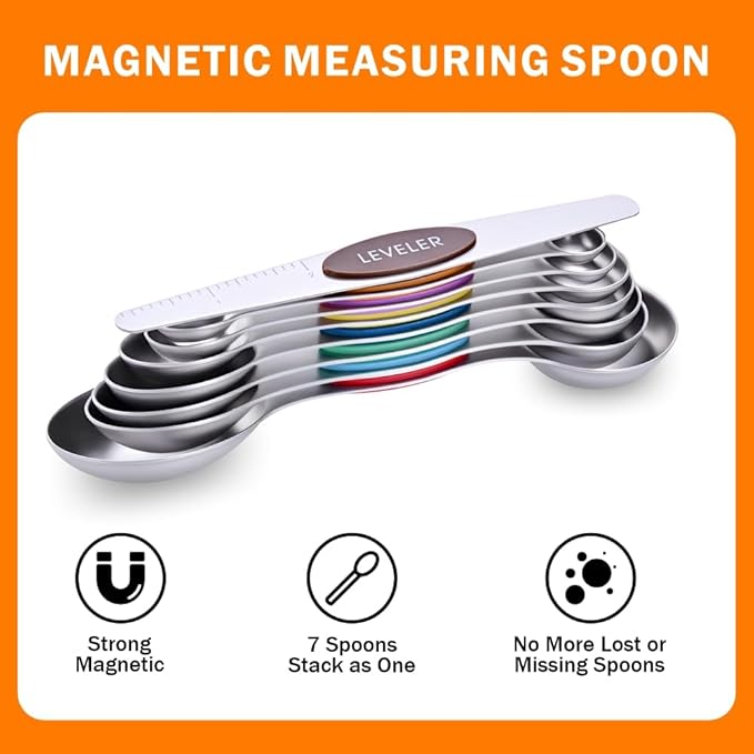 13-Piece Magnetic Measuring Spoons and Cups Set, Stainless Steel Kitchen Measure Tools with Silicone Handles, Nesting Dry and Liquid Measuring Cups for Baking Cooking (Multicolor)