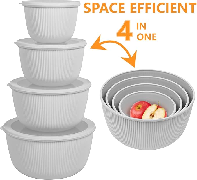 BoxedHome Nesting Plastic Mixing Bowls, BPA-Free Plastic, Microwave and Dishwasher Safe, Set of 4, 2.5 quart, 3.5 quart, 4.5 quart, Grey