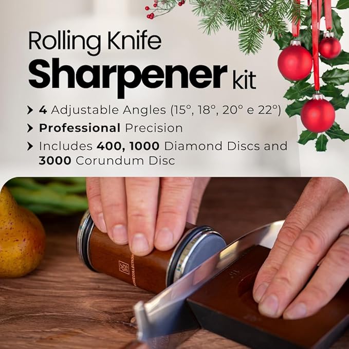 Rolling Knife Sharpener Kit – Manual Knife Sharpeners with Magnetic Holder – Kitchen Knives Sharpener with Diamond & Corundum Discs – 15°, 18°, 20° & 22°