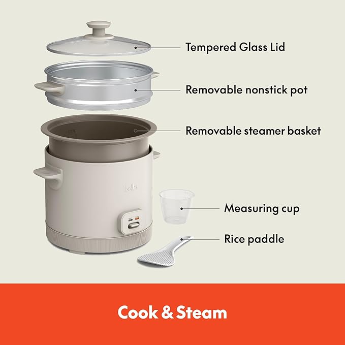 bella 16 Cup Rice Cooker with Steamer, Dishwasher Safe Steaming Basket, Rice Paddle and Measuring Cup, Removable Nonstick Cooking Bowl, Automatic Keep Warm Function, 400 Watt, Oatmilk