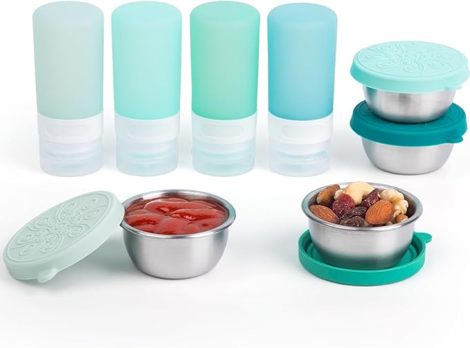 8-Pack Salad Dressing Container To Go, 2-oz Silicone Small Condiment Squeeze Bottles and 1.6 oz Stainless Steel Sauce Containers Cups, Leakproof Condiment Containers with Lids for Lunch Box