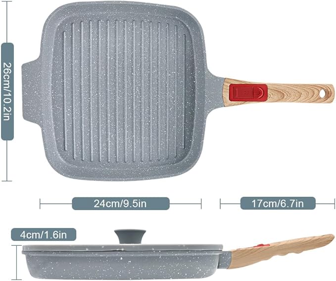 Nonstick Ceramic Griddle Pan with Lid, 10 Inch Steak Pan with Detachable Handle Induction Compatible, PFOA Free - Blue