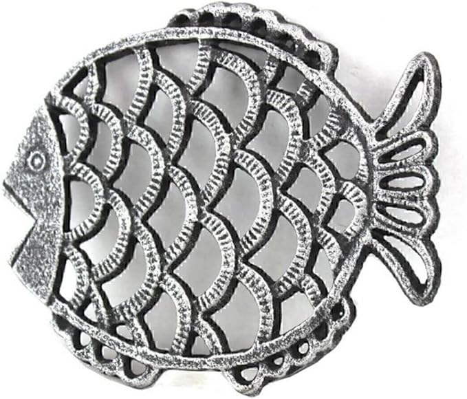 Antique Silver Cast Iron Big Fish Trivet 8" - Sea Decor - Coastal Beach Decor