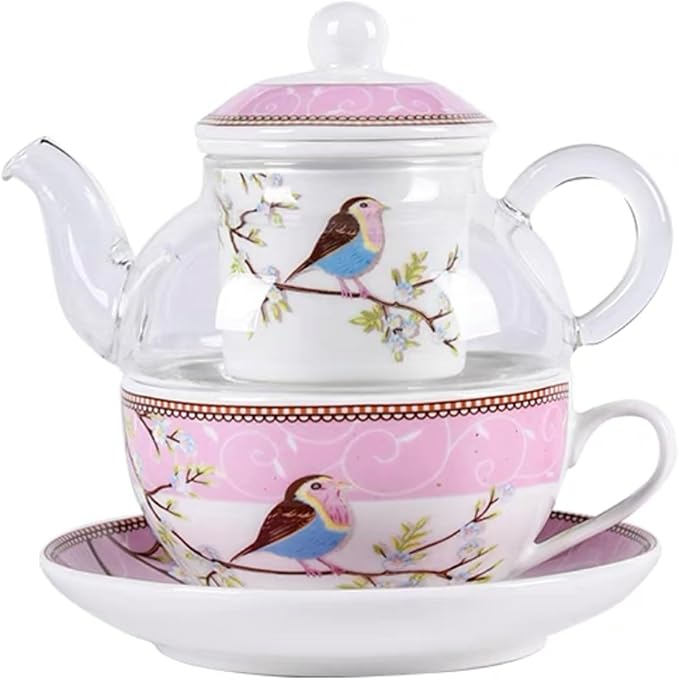 Tea for One Set, Glass Teapot with Porcelain Infuser Strainer and Cup & Saucer- Happy Bird Pattern (Pink)