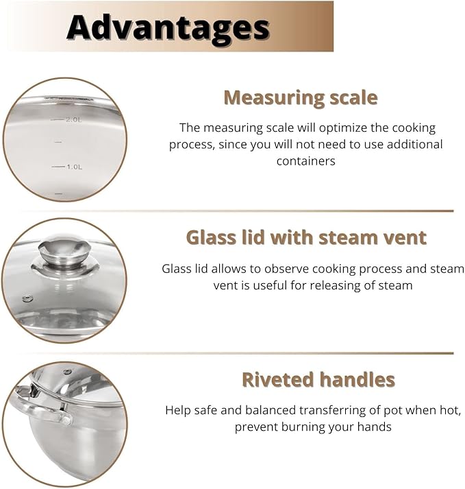 Daniks Classic 3 Quart Stainless Steel Stock Pot with Glass Lid, Tri-Ply Bottom for Even Heating, Induction Compatible, Dishwasher Safe