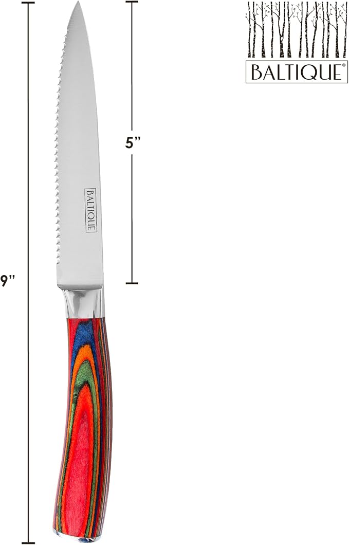 Totally Bamboo Baltique Marrakesh Collection Kitchen Steak Knives Set of 6, 5-Inch Stainless Steel Serrated Knife Set with Colorful Wooden Handles for Cutting Meat