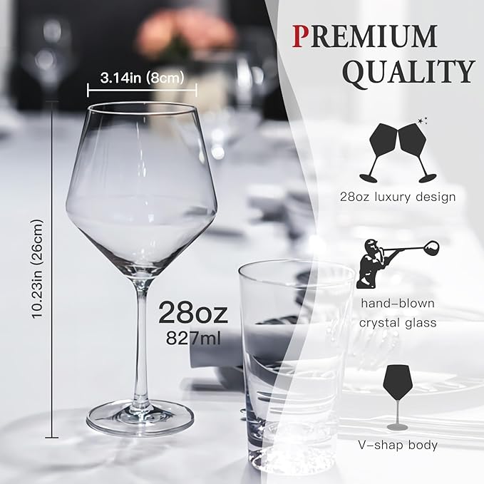 Large Red Wine glasses set of 4-28oz Extra Wine Glasses set of 4 with stem-Hand Blown Crystal Big Red Wine Glasses-Light,Thin,Large Cabernet Sauvignon Glasses