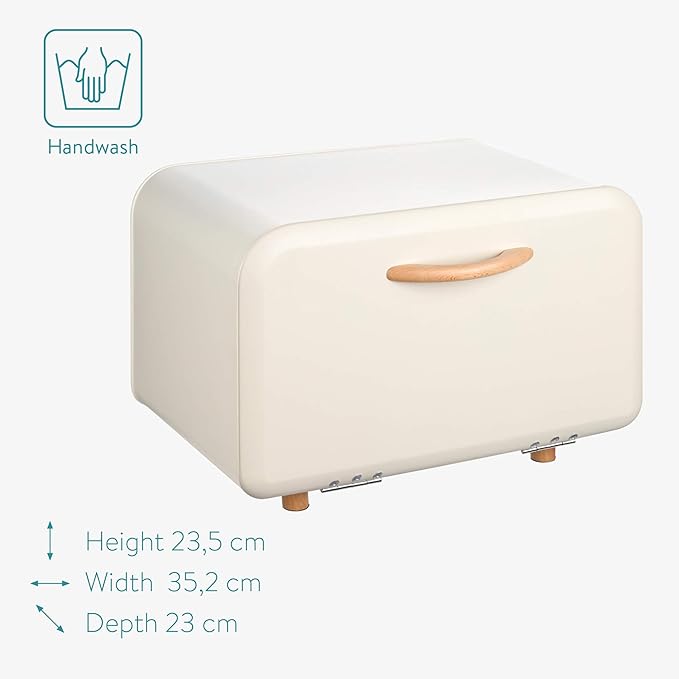 Navaris Bread Box - Metal Bread Bin Storage Tin with Front Opening Drop Down Door for Kitchen Counter or Shelf - Breadbox Storage Container - Cream