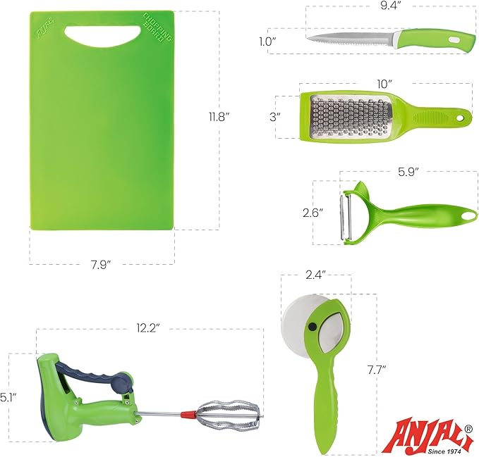 Anjali 6-Piece Multipurpose Kitchen Tool Set – Chopping Board, Cheese Grater, Peeler, 9.4" Utility Knife, Pizza Cutter & Manual Hand Blender | All-in-One Food Prep Kit for Home Kitchen