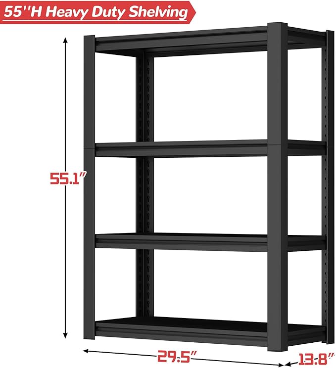 1600LBS Garage Shelving 4 Tier Heavy Duty Garage Shelving, Adjustable Metal Shelving Unit for Basement, Warehouse, Pantry, Closet, Kitchen,13.78" D x 29.53" W x 55.12" H