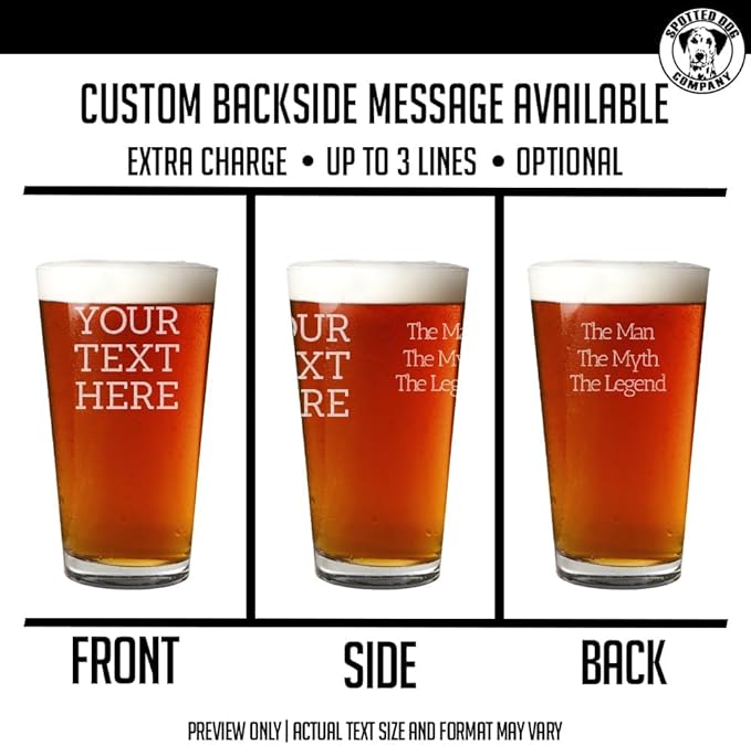 Personalized Etched Custom Message 16oz Pint Beer Glass, Your Text Here - Custom Text Engraved glasses, Customized Pint Glasses, Birthday gifts for Men Him