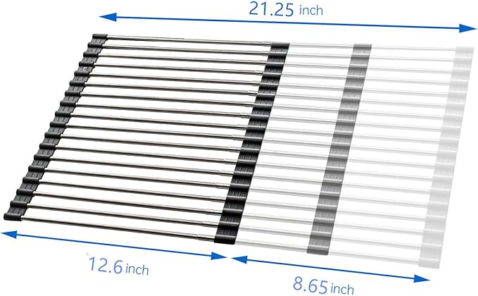 Expandable Large Roll Up Dish Drying Rack 18 Tube 21.25x12.79''Collapsible Over The Sink Rack Non-Slip Silicone Rolling Dish Drainer Stainless Steel Roll Rack for Kitchen Sink Counter