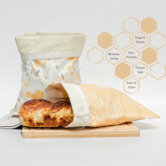 Reusable Beeswax Bread Bag 2 Pack –12x17 Bread Bag for Homemade Sourdough, Beeswax Coated Organic Cotton Storage Bag for Loaf Baguette, Freezer Safe, Eco-Friendly Wrap Birds