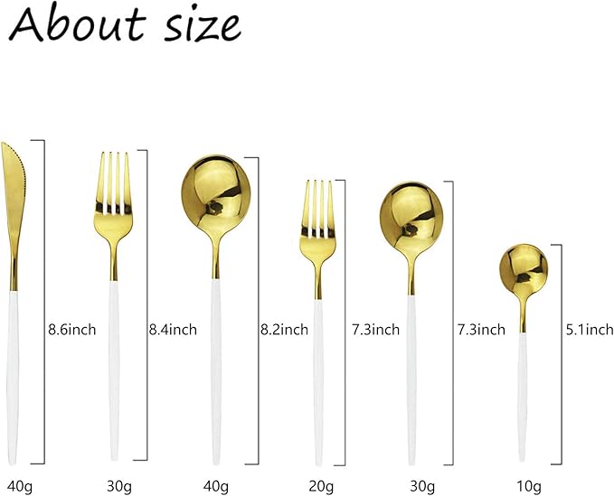 JASHII 18/10 Silver Silverware Set Stainless Steel Flatware Utensils Set Gold Cutlery Set| 36-Piece Modern Cubiertos Dorados| BEST Birthday Wedding Gift (6 sets, White Handle Gold Mirror Polish)
