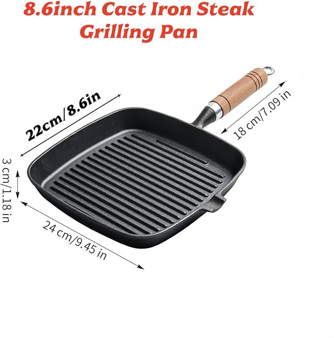 Grill Pan, 8.6 inch Cast Iron Grill Pans for Stove Tops Indoor Outdoor Cooking, Griddle Pan with Pour Spouts, Skillet for Searing Steak, PFOA Free - Naturally Nonstick Surface When Seasoned