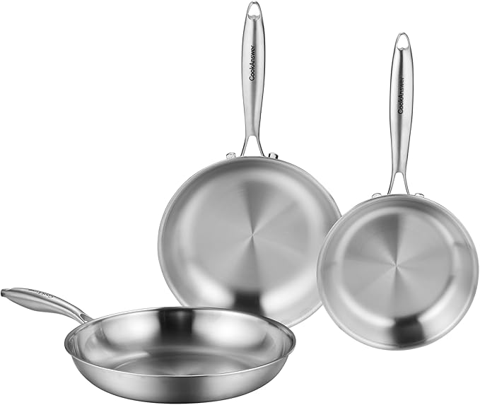 Tri-Ply Clad Stainless Steel Frying Pan Set (8”/9.5”/11”) - Spot-Welded Handles, PFOA & PTFE Free, Induction Ready Oven and Dishwasher Safe Kitchen set