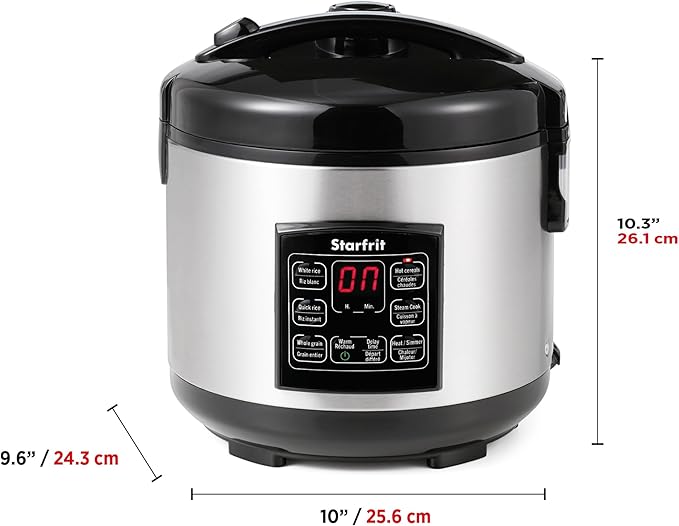 Starfrit Electric Rice Cooker - 14 Cups - Steamer Basket, Measuring Cup & Service Spoon - 500W - Silver