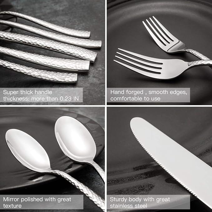 Silverware Set Flatware Set Hand Forged Stainless Steel Cutlery Set Hammered Pattern Mirror Polished 60 Pieces Home Event Use Service for 12