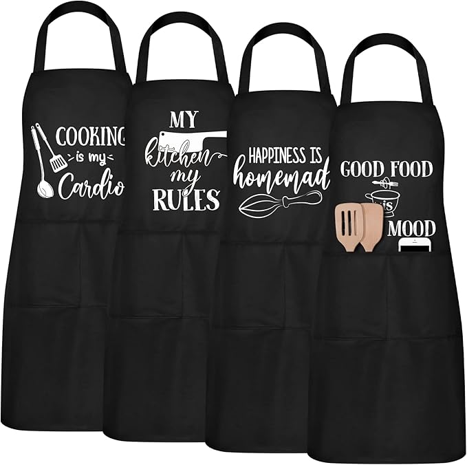 Mepase 4-piece Fun Cooking Apron Set, Women's Size, with 2 Pockets, Adjustable Kitchen Apron, Suitable for Moms, Wives, Bakers, Chefs, Christmas and New Year Gift