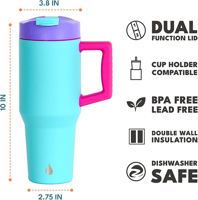 Elemental 32 oz 100% Leak Proof Tumbler with Handle & Straw - Stainless Steel Double Wall Insulated Tumbler for Hot and Cold Beverages - Travel Coffee Mug with Sip & Straw Lid - Blue Tie Dye