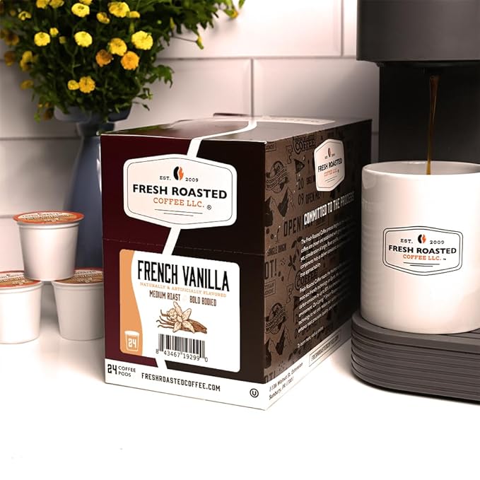 Fresh Roasted Coffee, French Vanilla, Flavored Coffee Pods, 24 Count