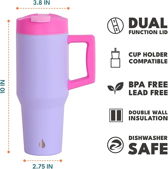Elemental 32 oz 100% Leak Proof Tumbler with Handle & Straw - Stainless Steel Double Wall Insulated Tumbler for Hot and Cold Beverages - Travel Coffee Mug with Sip & Straw Lid - Lilac Tie Dye