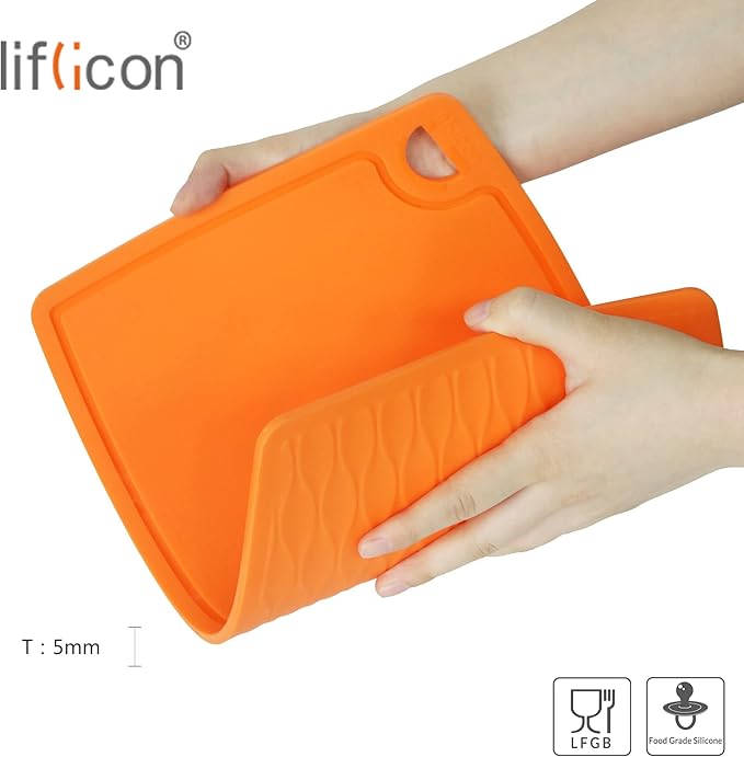 Liflicon Thick Silicone Cutting Boards for Kitchen Silicone Chopping Boards/Mats Set of 2 Extra Large14.6''x10.43'', Mini 9.1”x7.1” Non-slip Deep Drip Juice Groove, Dishwasher Safe-Orange