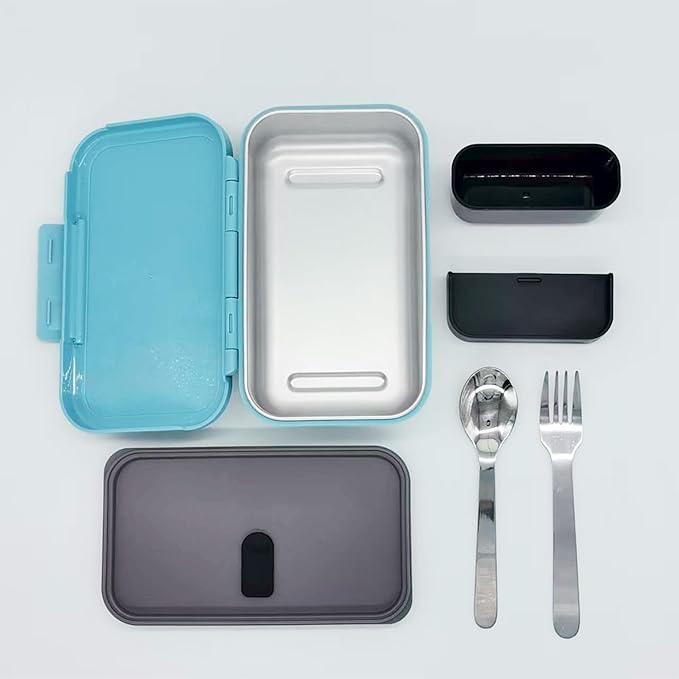 Stainless Steel Small Bento Box for Adults - Leakproof Microwave Safe Lunch Box for Work, Meal Prep and On the Go with Utensils & Bag (Blue), Compact-Sized for Moderate Appetites