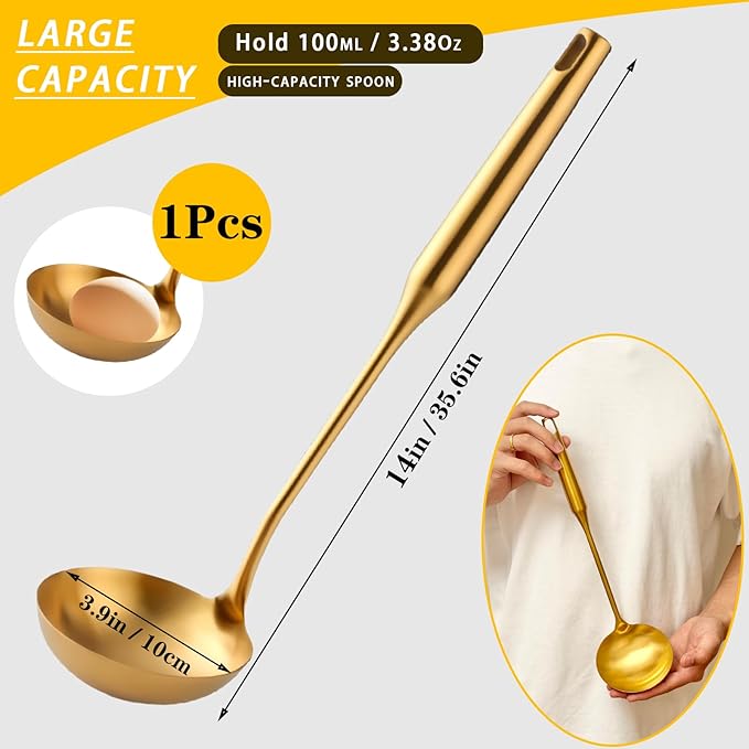 Soup Ladle, Stainless Steel Ladle spoon, Gold Ladles for Serving 14 Inch Serving Spoon Heavy Duty kitchen Utensils for Cooking Buffet, Party, Kitchen, Gold