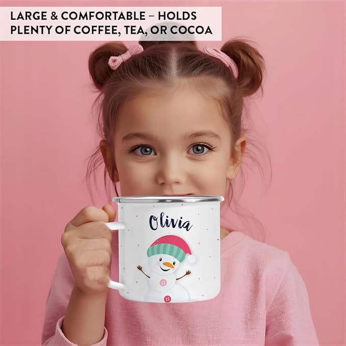 Andaz Press Personalized Name 11oz. Kids Christmas Hot Chocolate Stainless Steel Campfire Coffee Mug, Charming Snowman Pink Aqua Hat Hello, 1-Pack, Custom Birthday Xmas Cup Kids Hot Chocolate Mug
