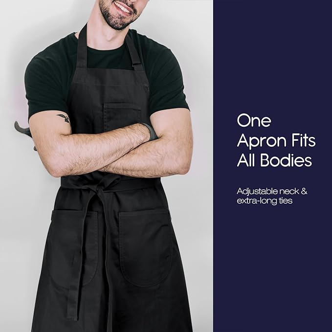 Unisex Apron with Pockets for Cooking, Salon & Art - 100% Cotton Adult Kitchen, Chef, Stylist Apron (Black)
