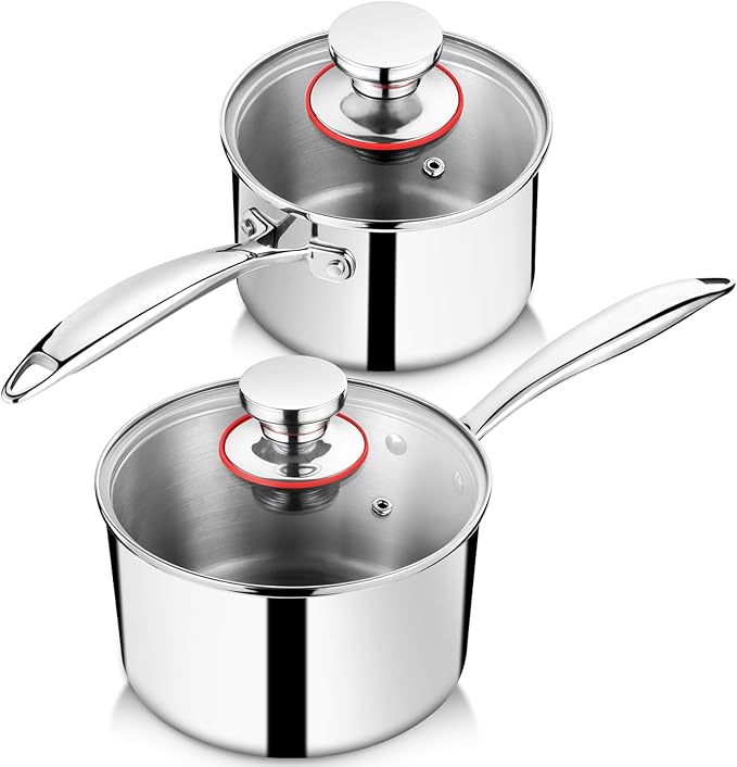 P&P CHEF 1 & 2 Quarts Tri-Ply Stockpot and Saucepan, Stainless Steel Sauce Pan with Lid, Cooking Induction Pot, Kitchen Cookware for All Stoves, Non-Toxic, Durable & Dishwasher Safe, 2 Pieces