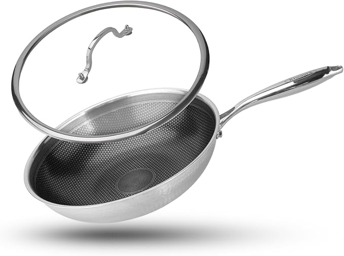 Hybrid Wok, 13 inch Wok with lid,Stainless Steel woks & Stir-fry pans Non Stick, PFOA Free Cookware, Dishwasher and Oven Safe, Compatible With Induction