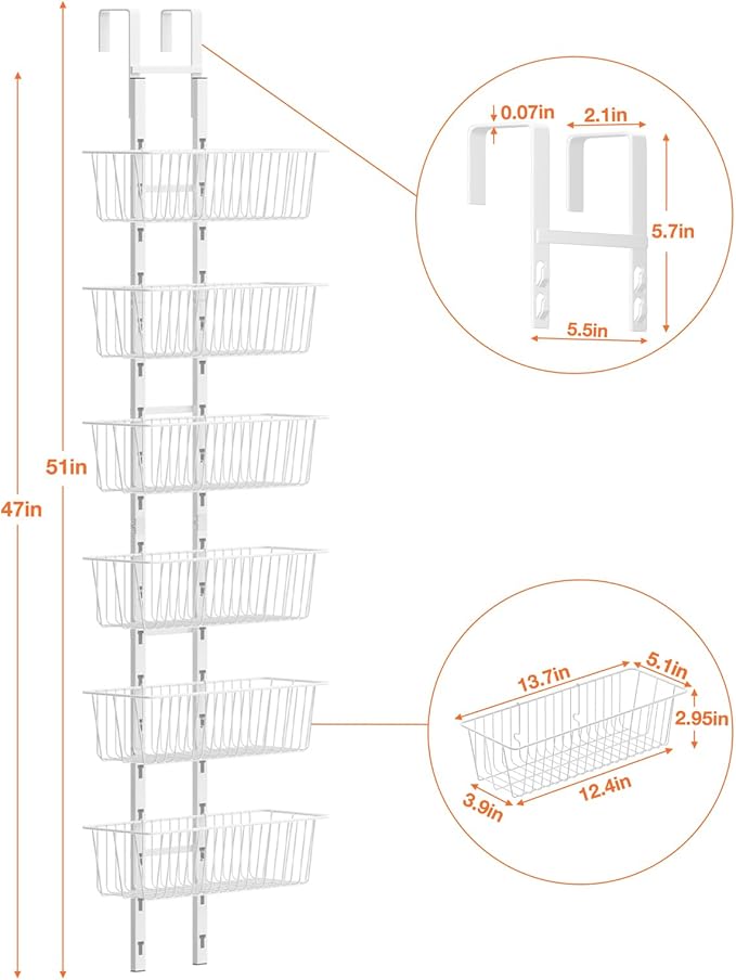 6 Tier Over the Door Pantry Organizer, Over the Door Spice Rack with Adjustable Baskets, Metal Hanging Door Pantry Organizers and Storage for Kitchen Bathroom Bedroom, White