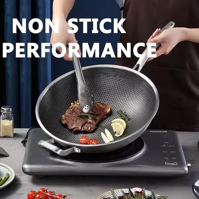 Wok,13 Inch Hybrid Woks & Stir-Fry Pans Nonstick, Large Stainless Steel Wok with Lid,Induction Non Stick Woks,PFOA Free Cookware,Dishwasher And Oven Safe