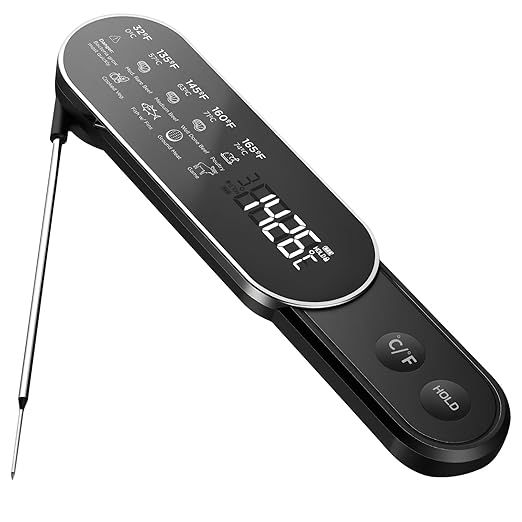 Rechargeable Meat Thermometer Digital with Ultra-Fast 0.5 Sec Instant Read, NIST Certified ±0.5°F Accuracy, Auto-Rotating Backlight Display, IP67 Waterproof, Oven Safe for Grill, BBQ, Smoker, Candy