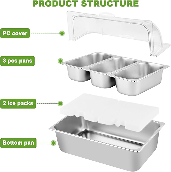Cold Food Buffet Server 3 Pans×4QT with Ice Packs for Salad Pizza Sauce Colded Serving Trays Condiments Containers for Parties Buffet