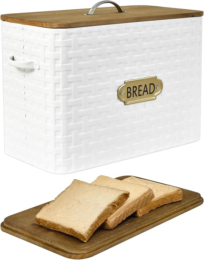 Extra Large Space Saving Farmhouse Bread Box With Wood Lid - Vertical Breadbox Bread Storage Bin Holder for Kitchen Countertop, White