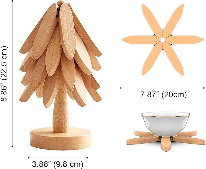 Wooden Trivets for Hot Dishes,Tree Shape Trivet Set, 4 Wooden Trivets+1 Stand, Natural Foldable Kitchen Wooden Trivet for Hot Dishes、Pot、Bowl、Teapot、Hot Pot Holders (Beech Wood)
