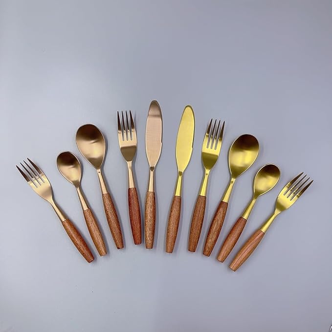 20 piece Wooden Handle Gold Silverware Set for 4 Gold Utensil Set Cutlery Flatware Set Food-Grade 18/8 Stainless Steel Spoons And Forks Set Matte Utensil Sets Dishwasher Safe for Home & Kitchen