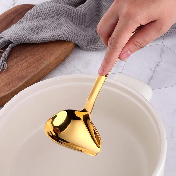 Sauce Ladle, BYEGOU Gold Drizzle Spoon with Spout Gravy Soup Ladle, Stainless Steel Kitchen Utensil, Mirror Polish & Dishwasher Safe, 8.67 Inch