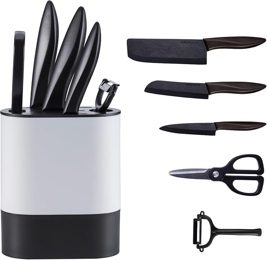 Kitchen Knife Set (6 Pieces), Ceramic Essential Knife Set with Block, Rust-Resistant Blade with Ergonomic Handle, Housewarming Gift, Black/White