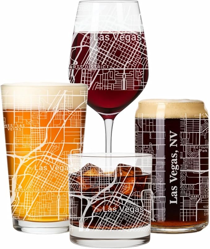 Blue Ridge Mountain Gifts - Las Vegas Souvenir - Nevada Glassware Gift, Etched City Map, Laser Engraved and Dishwasher Safe